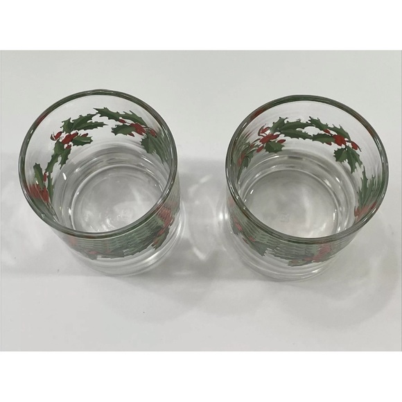 Set Of 2 Vintage Christmas Shot Glasses Tea Light Candle Holders Holly Berry - Picture 2 of 4